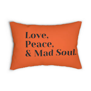 Love, Peace and Mad Soul Spun Polyester Lumbar Pillow - Orange