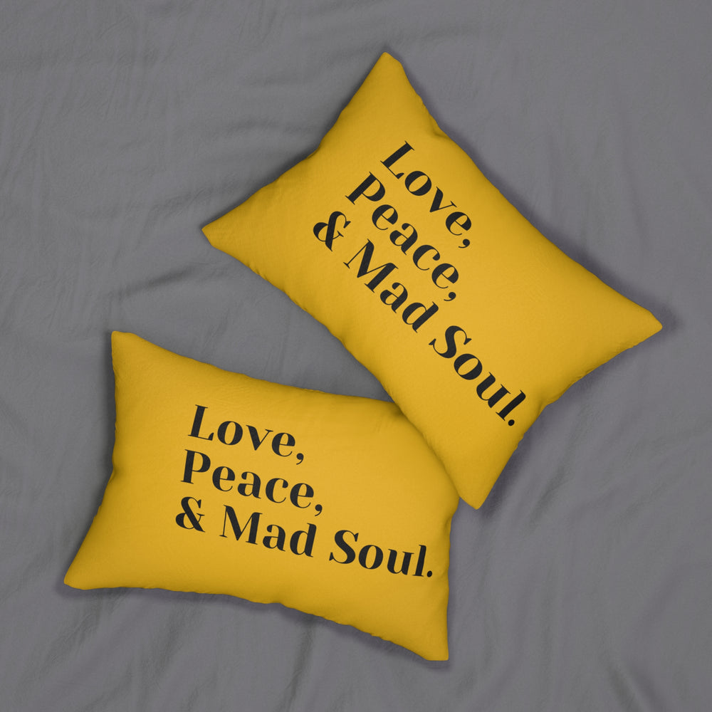 Love, Peace and Mad Soul Spun Polyester Lumbar Pillow - Yellow