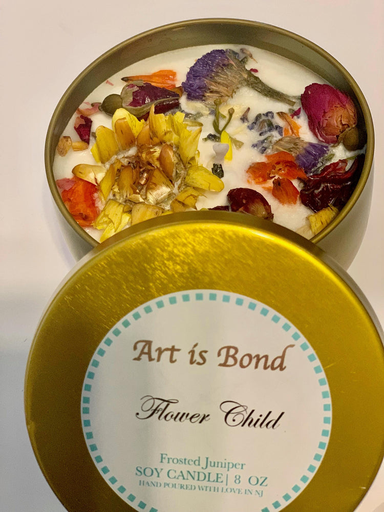 Flower Child 8 oz Frosted Juniper Soy Candle with Custom Playlist!