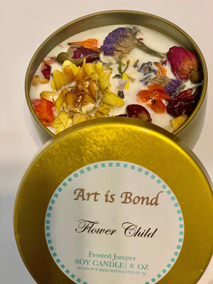 Flower Child 8 oz Frosted Juniper Soy Candle with Custom Playlist!