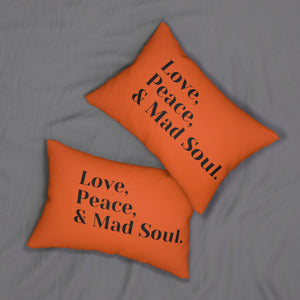 Love, Peace and Mad Soul Spun Polyester Lumbar Pillow - Orange
