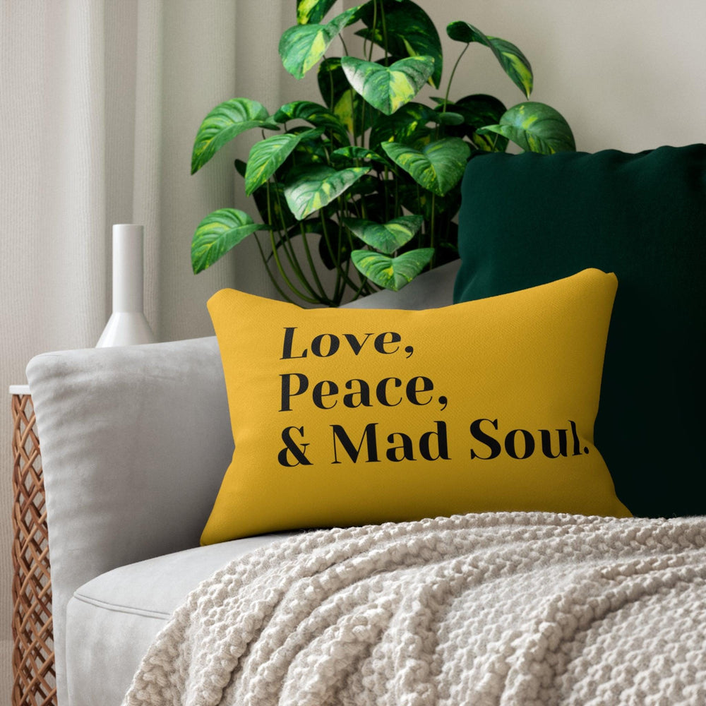 Love, Peace and Mad Soul Spun Polyester Lumbar Pillow - Yellow
