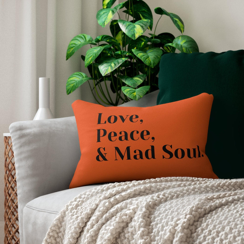 Love, Peace and Mad Soul Spun Polyester Lumbar Pillow - Orange