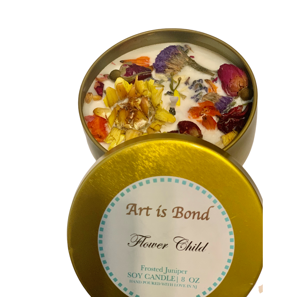 Flower Child 8 oz Frosted Juniper Soy Candle with Custom Playlist!